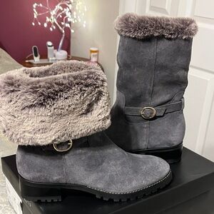 NEW TALBOTS Grey Tish Foldover Suede Boots, Fur Cuff, 9.5 M, Zipper, Brazil